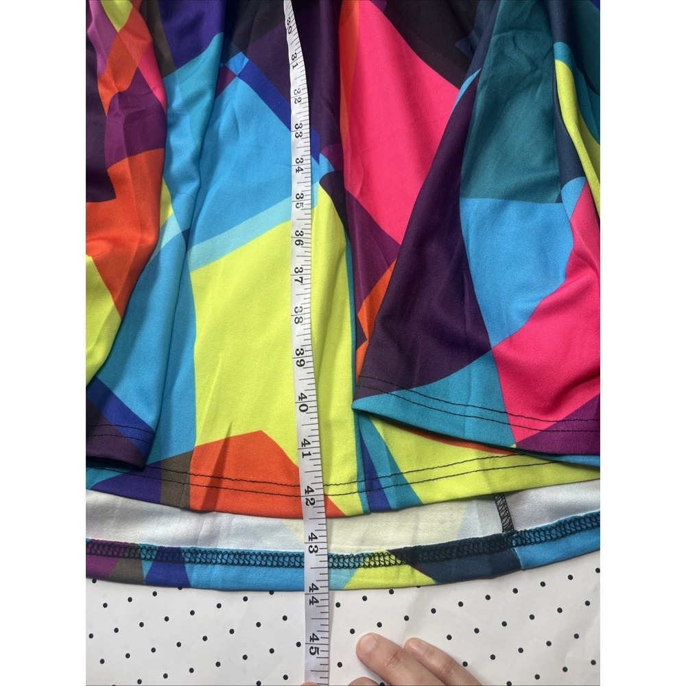 Colorblock Geometric Fit Flare Midi Dress Tie Waist Neon Abstract Retro M - Picture 9 of 11